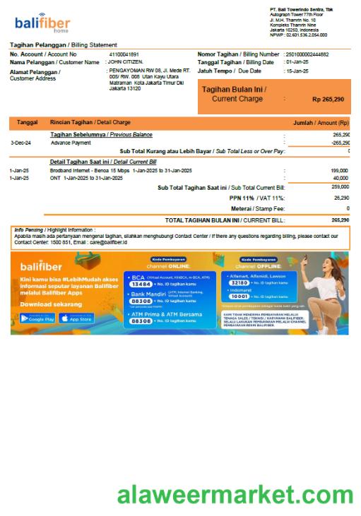 Indonesia Balifiber utility bill template in Word and PDF formats